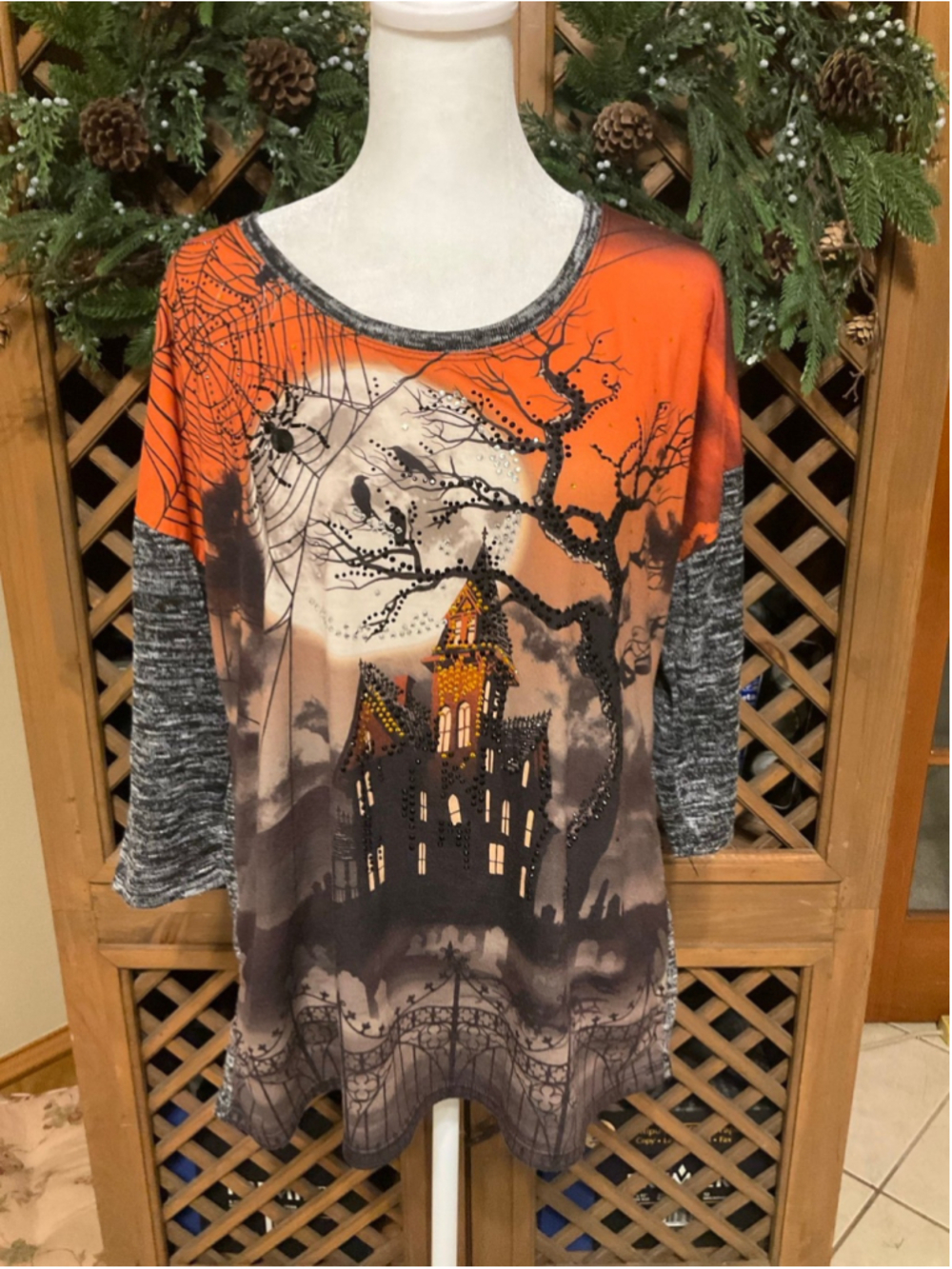 Onque Casual Halloween Haunted House Rhinestone Tunic Top Large